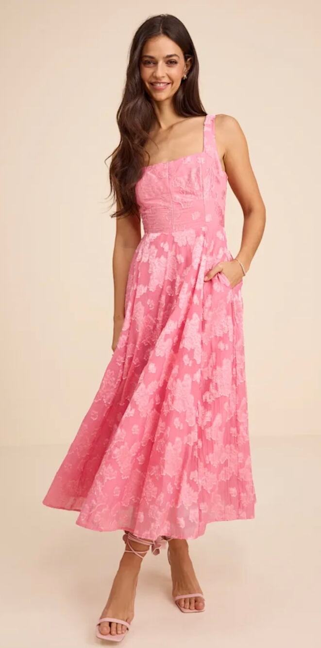 Lulus Loira Pink Burnout Jacquard Lace-Up Midi Fairy Party Dress size large NWT